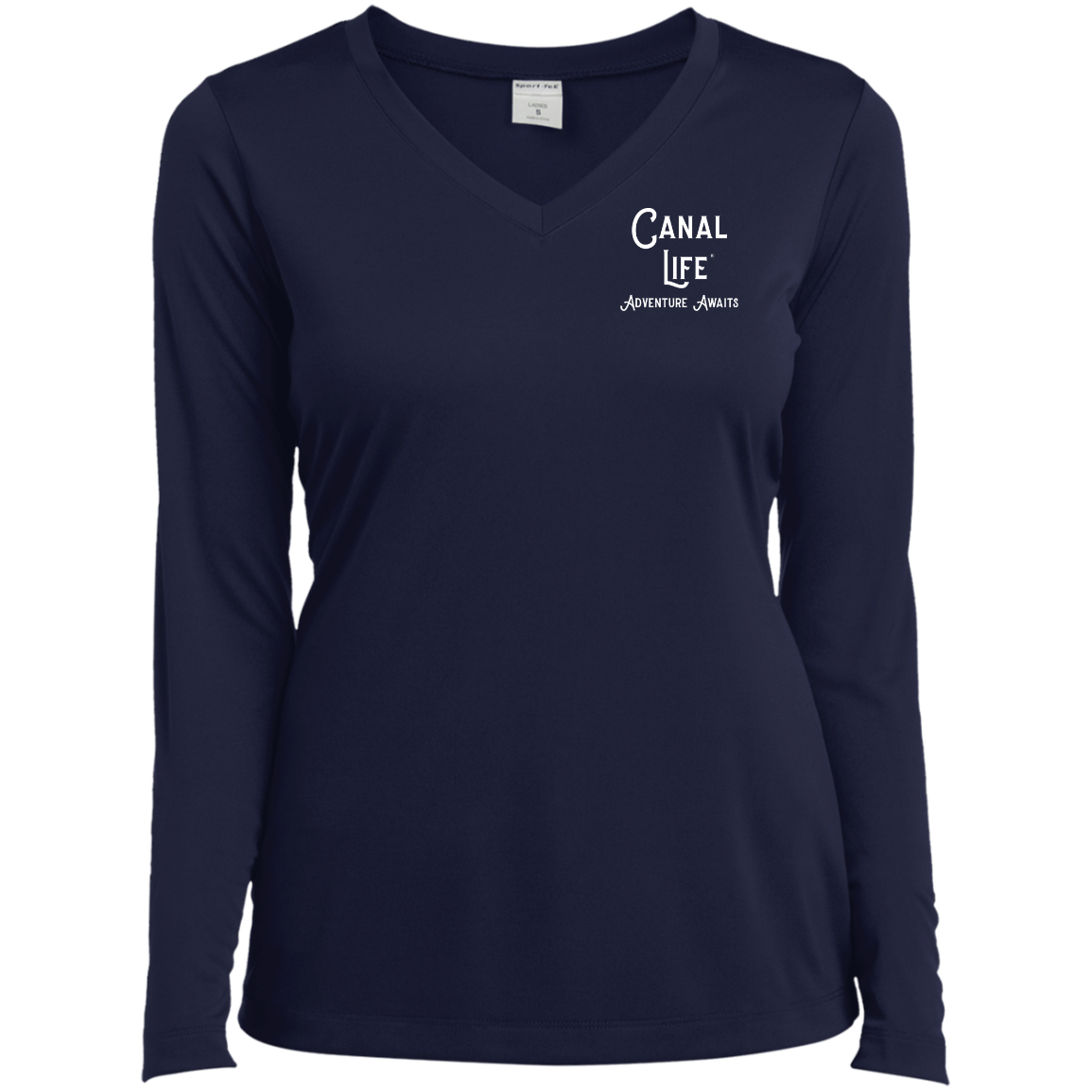 Canal Life Adventure Awaits White Letter Ladies’ Long Sleeve Performance V-Neck Tee