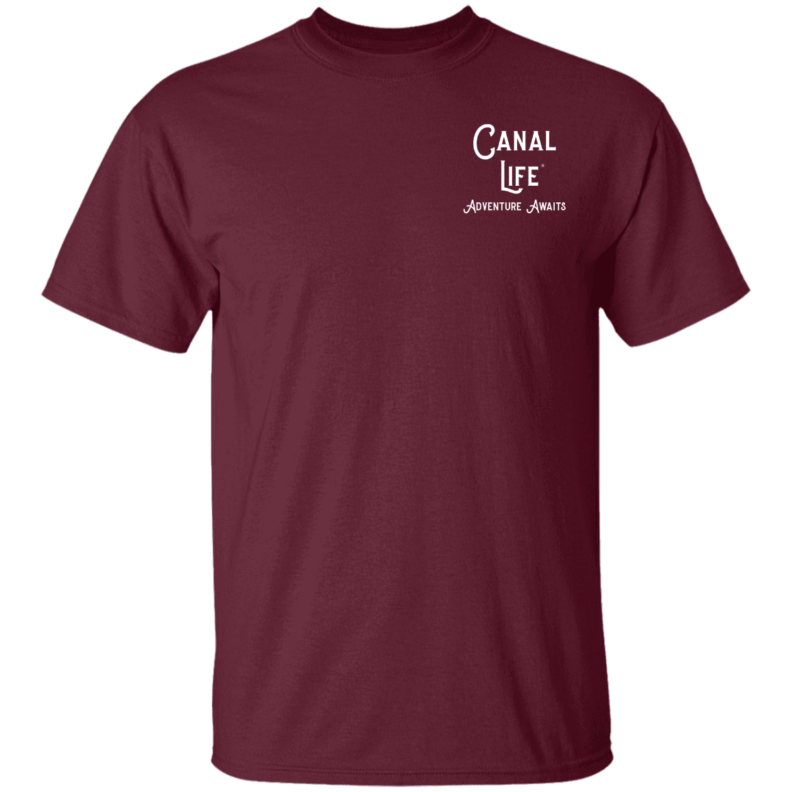 Canal Life Adventure Awaits White Letters on LEFT-Shirt