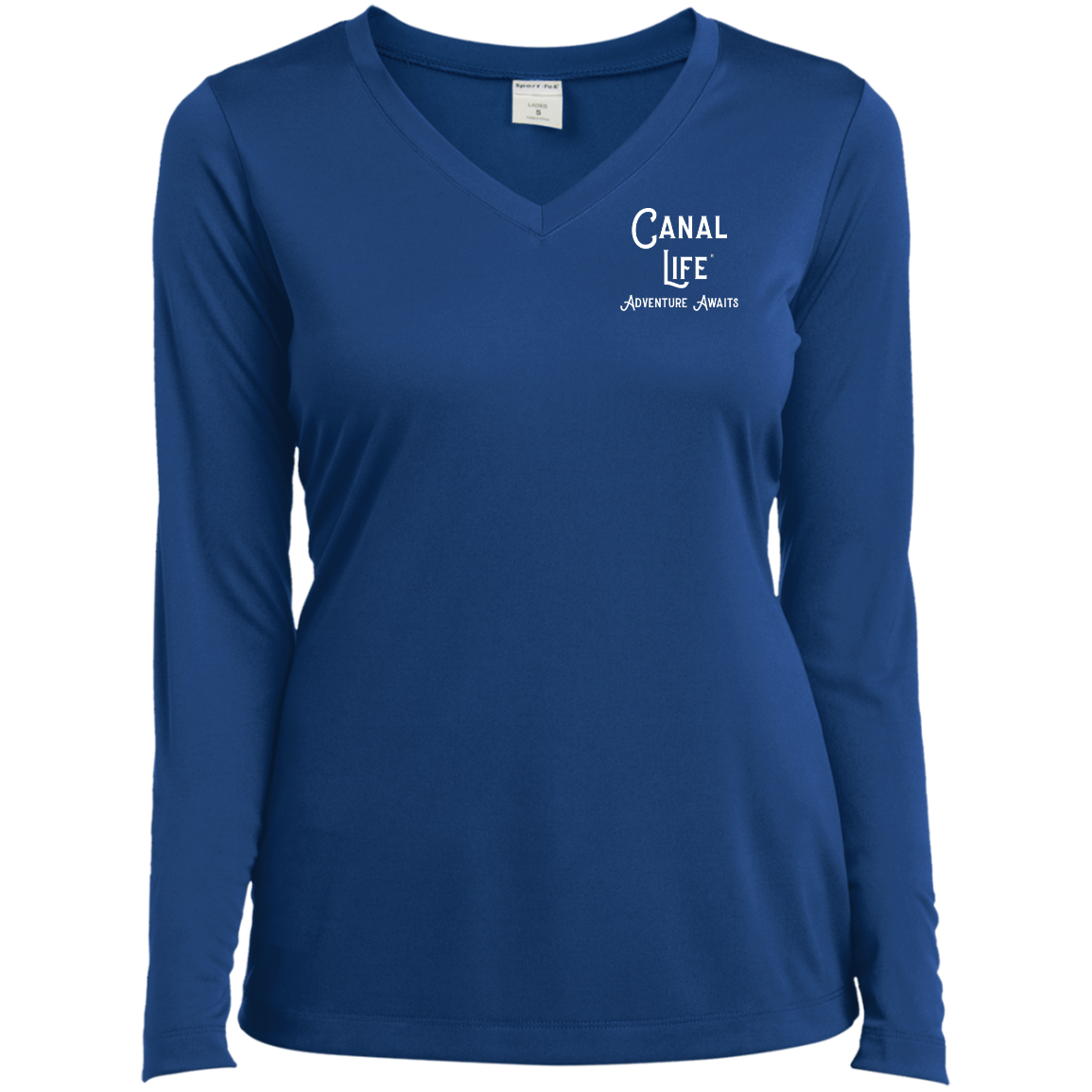 Canal Life Adventure Awaits White Letter Ladies’ Long Sleeve Performance V-Neck Tee
