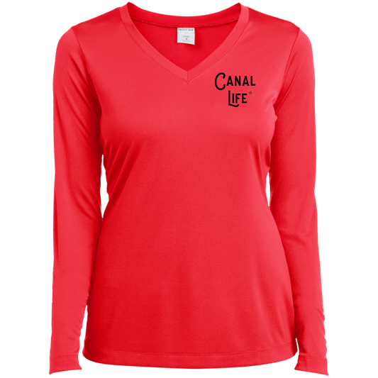 Canal Life Black Letter Ladies’ Long Sleeve Performance V-Neck Tee