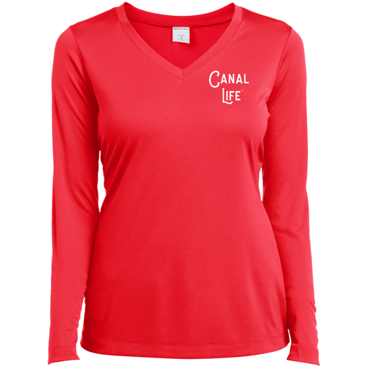 Canal Life White Letter Ladies’ Long Sleeve Performance V-Neck Tee