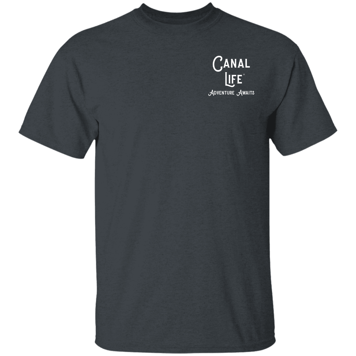 Canal Life Adventure Awaits White Letters on LEFT-Shirt