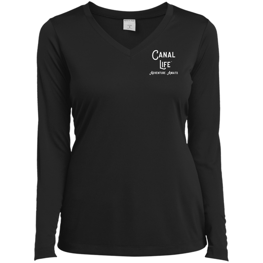 Canal Life Adventure Awaits White Letter Ladies’ Long Sleeve Performance V-Neck Tee