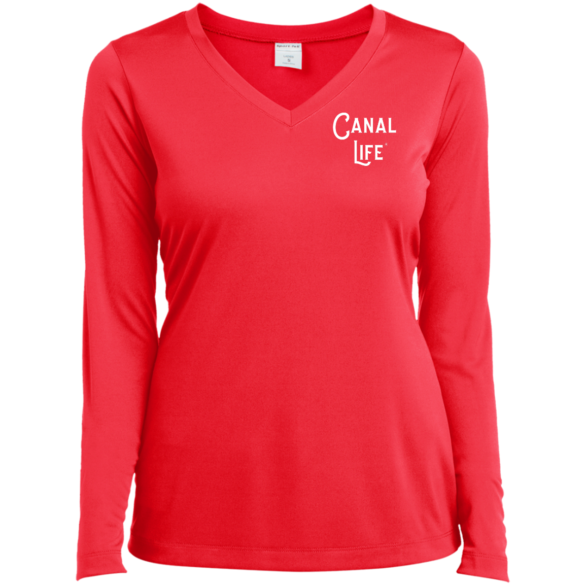 Canal Life White Letter Ladies’ Long Sleeve Performance V-Neck Tee