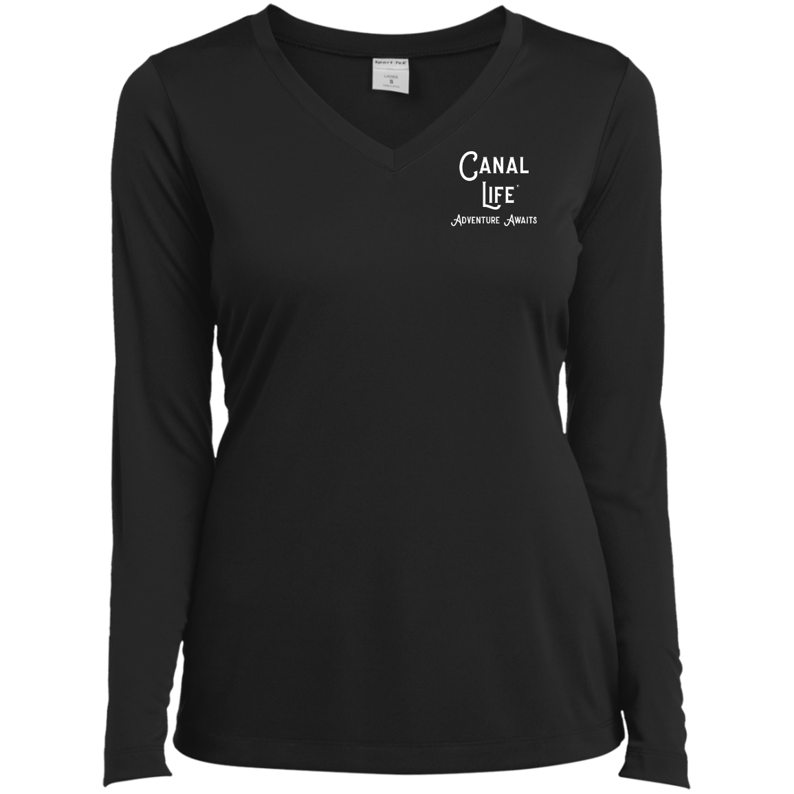 Canal Life Adventure Awaits White Letter Ladies’ Long Sleeve Performance V-Neck Tee