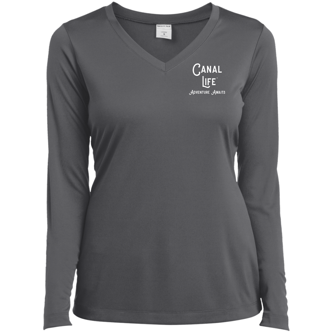 Canal Life Adventure Awaits White Letter Ladies’ Long Sleeve Performance V-Neck Tee